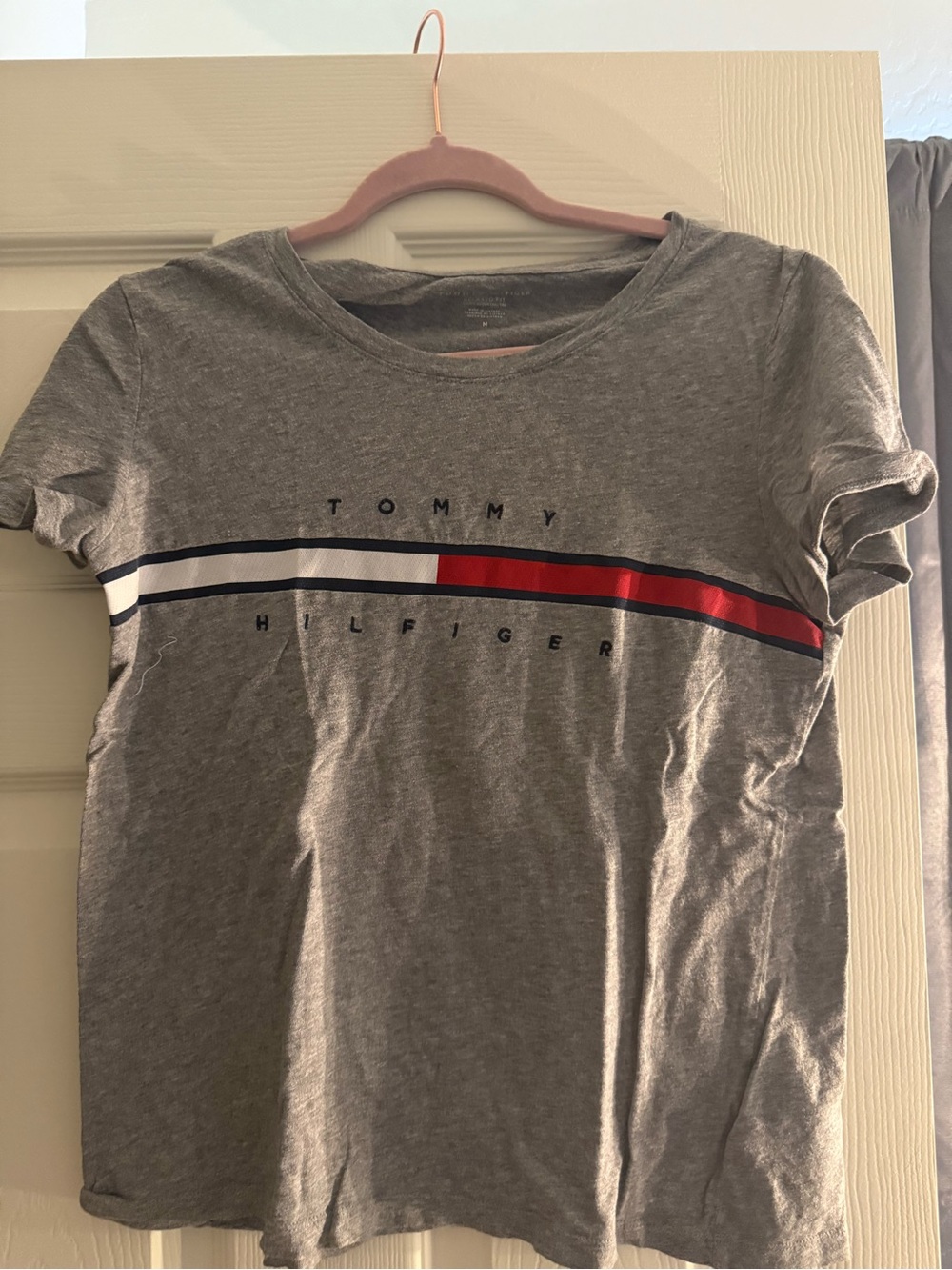 Tommy Hilfiger Grey Tee with Red, White & Navy Chest Stripe